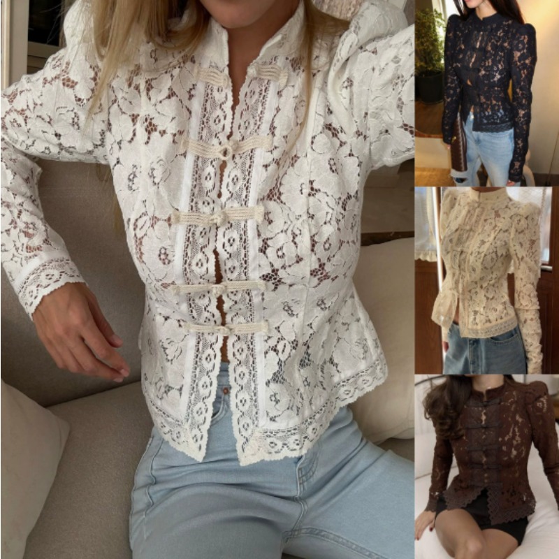Vintage Fashion Club - Yazlık Dantel Baskılı Gömlekler Üstler Kadın