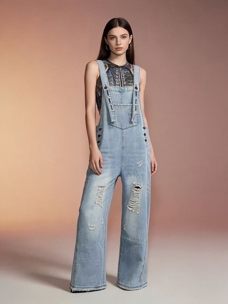 Vintage Fashion Jeans - Moda Retro Yırtık Delikli Denim Tulum