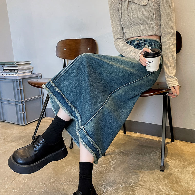 Denim Skirt Midi Vintage - Etekler Kadın Midi Moda Yüksek Bel