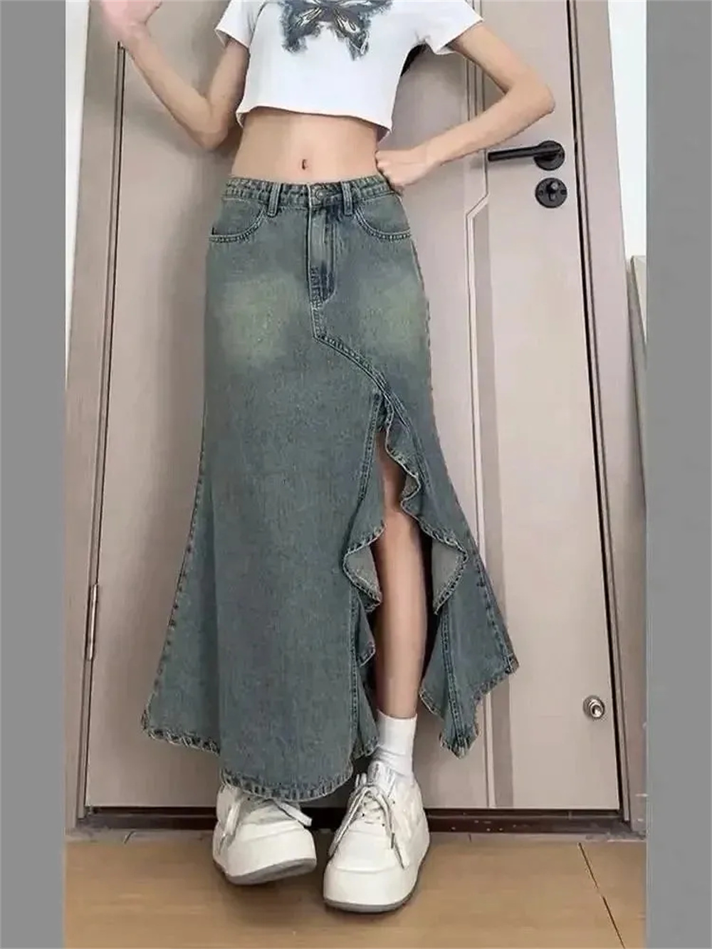 Denim Skirt Midi Vintage - İlkbahar Yaz Kore Retro Kadın Denim