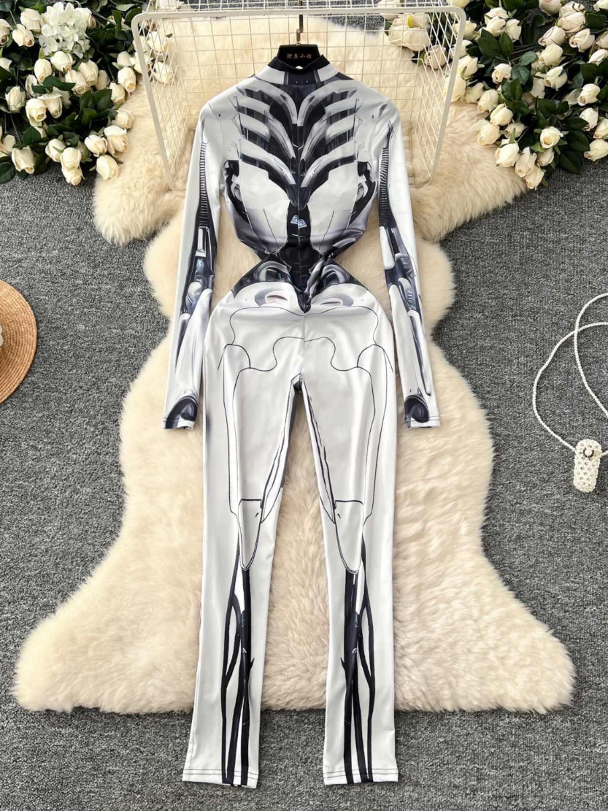 Vintage Fashion Club - Kadın Gri Baskı Tulumlar Vintage Uzun
