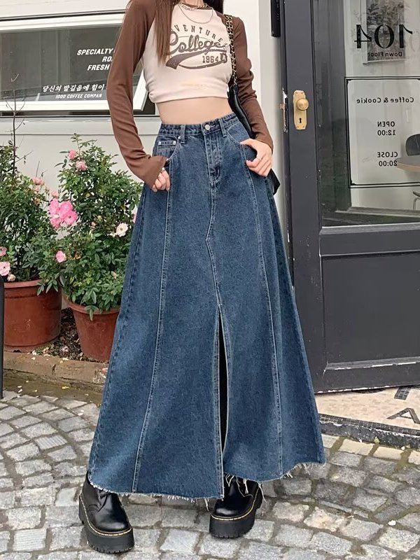 Denim Skirt Midi Vintage - Yüksek Bel Yırtmaçlı Denim Etek Kadın